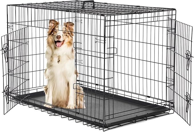 Dog Crate, 42 Inch Large Double Door Portable Dog Cage, Metal Wire Pet Kennel with Secure Lock, Leak-Proof Pan Tray, Foldable Design for Dogs Pets Indoor Training and Outdoor Trave