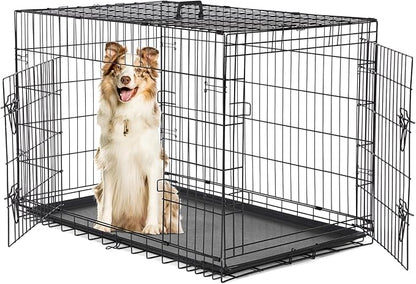 Dog Crate, 42 Inch Large Double Door Portable Dog Cage, Metal Wire Pet Kennel with Secure Lock, Leak-Proof Pan Tray, Foldable Design for Dogs Pets Indoor Training and Outdoor Trave