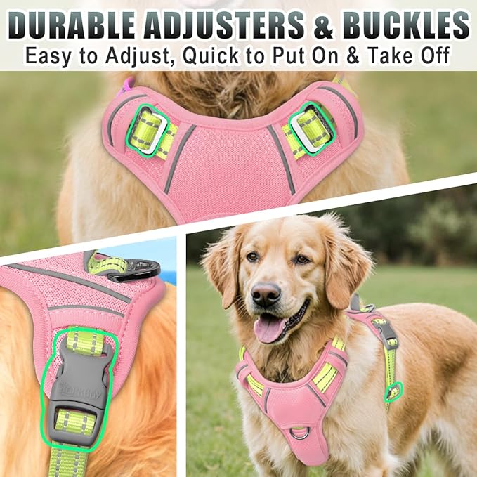 BARKBAY No Pull Dog Harness Large Reflective Dog Harness with Front Clip and Easy Control Handle for Walking Training Running with ID tag Pocket(Baby Pink & Sunlight,XL)