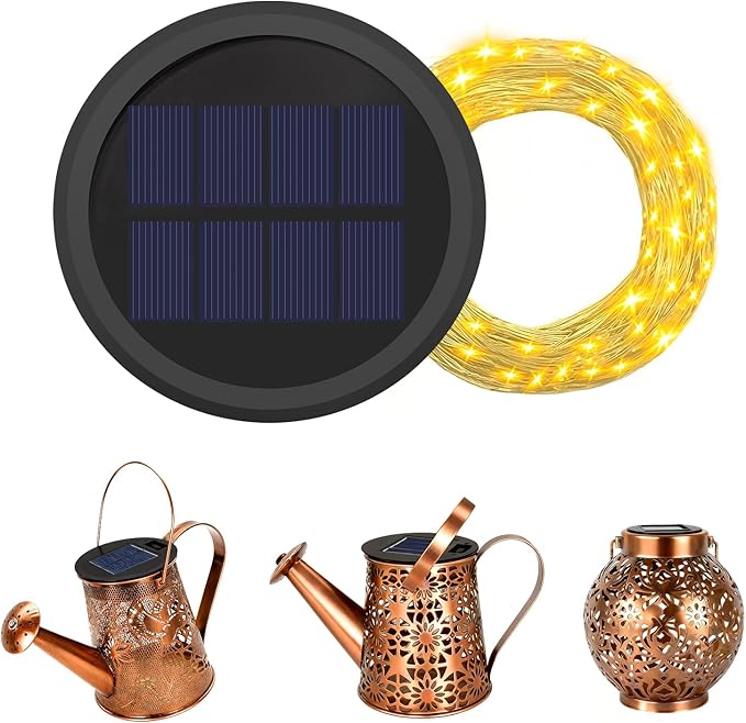 YJFWAL Solar Watering Can Lights Replacement Top, 3.6in Round Panel with 3.5Ft 80 Led Copper Wire String Lights for Solar Lantern Water Can Battery Box Accessories