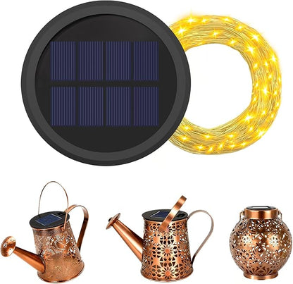 YJFWAL Solar Watering Can Lights Replacement Top, 3.6in Round Panel with 3.5Ft 80 Led Copper Wire String Lights for Solar Lantern Water Can Battery Box Accessories