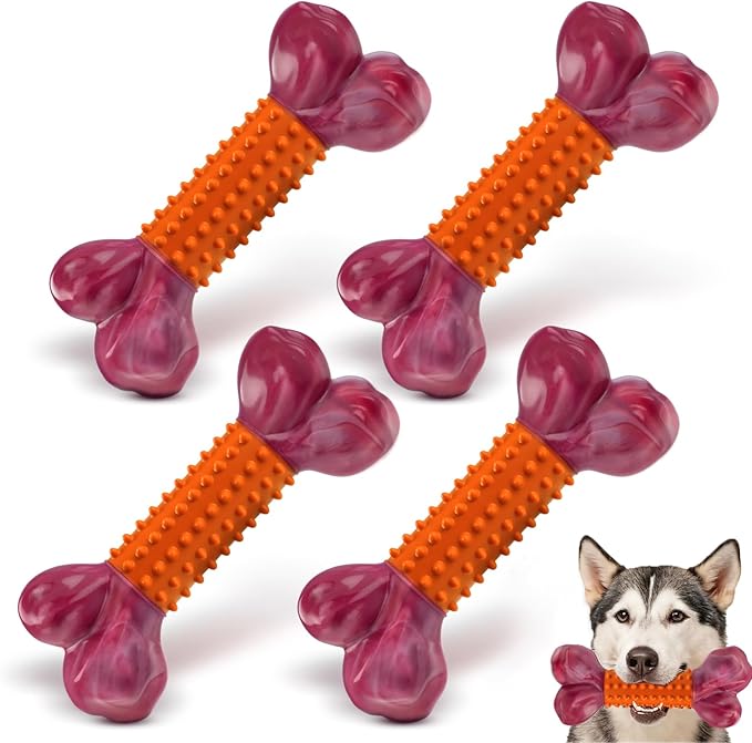Apasiri 4-Pack Tough Dog Toys for Aggressive Chewers: Peanut Butter Flavored Long Lasting Dog Bones, Heavy Duty Nylon & Rubber Dog Chew Toys to Keep Them Busy, Medium & Large Breed, Orange