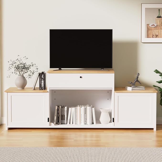 78" Dog Crate Furniture TV Stand, Tiered Dog Kennel for Medium Dogs with Stepped Design, Wooden Dog Cage with Storage Cabinets & Drawer, Heavy Duty Indoor Door House Media Console, White