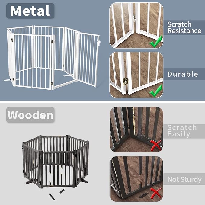 Metal Freestanding Dog Gates with Door for Outdoor Indoor,120'' Extra Wide 32'' Tall Free Standing Dog Gate for Doorways,Large Openings,Deck,Yard,Porch,Foldable Pet Fence(White,6 Panels)