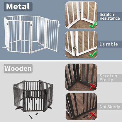Metal Freestanding Dog Gates with Door for Outdoor Indoor,120'' Extra Wide 32'' Tall Free Standing Dog Gate for Doorways,Large Openings,Deck,Yard,Porch,Foldable Pet Fence(White,6 Panels)