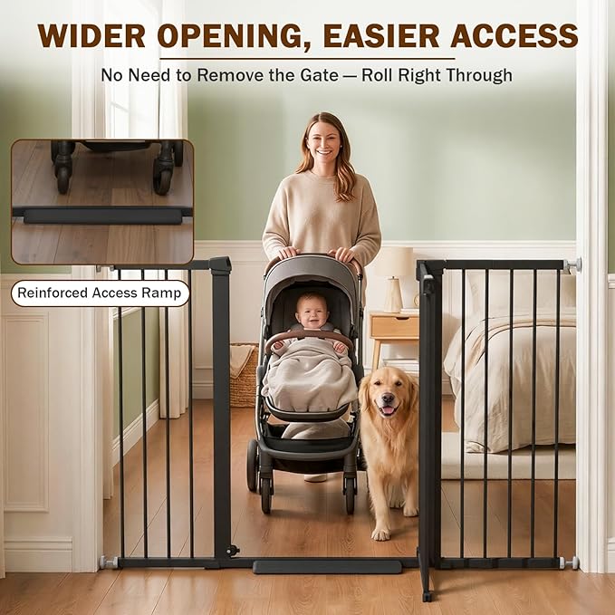 Mumeasy 36" Extra Tall Baby Gate for Doorways, 29.7"-57" Extra Wide Dog Gate for Stairs, Pressure Mounted Auto Close Pet Safety Gate with Easy Walk Thru Door, Large Indoor Child Gate for House, Black