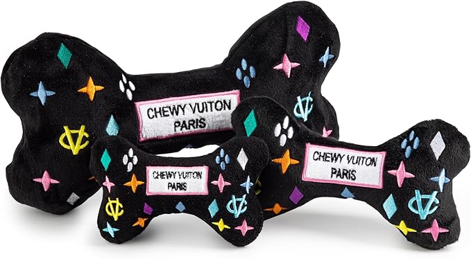 Haute Diggity Dog Chewy Vuiton Bone Plush Squeaky Dog Toy, Soft Durable Designer-Inspired Stuffed Puppy Chew Toys for Small & Medium Dogs, Machine-Washable (Black Monogram) Small