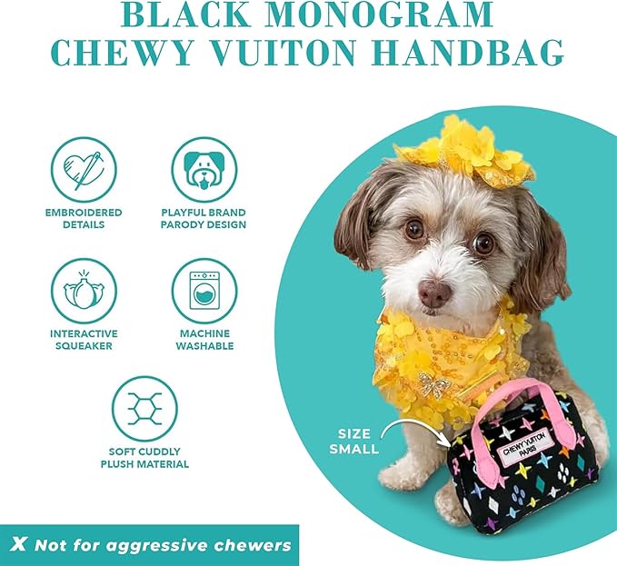 Haute Diggity Dog Chewy Vuiton Handbag Plush Squeaky Dog Toy, Soft Durable Designer-Inspired Stuffed Puppy Chew Toys for Small & Medium Dogs, Machine-Washable (Black Monogram) Small