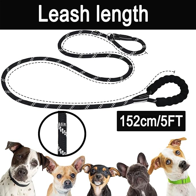 BOOEUDI Dog Leash, 5 FT Heavy Duty Dog Leashes, Durable Premium Quality Strong Training Rope Slip Leash with Comfortable Padded Handle and Highly Reflective Threads for Small Medium and Large Dogs