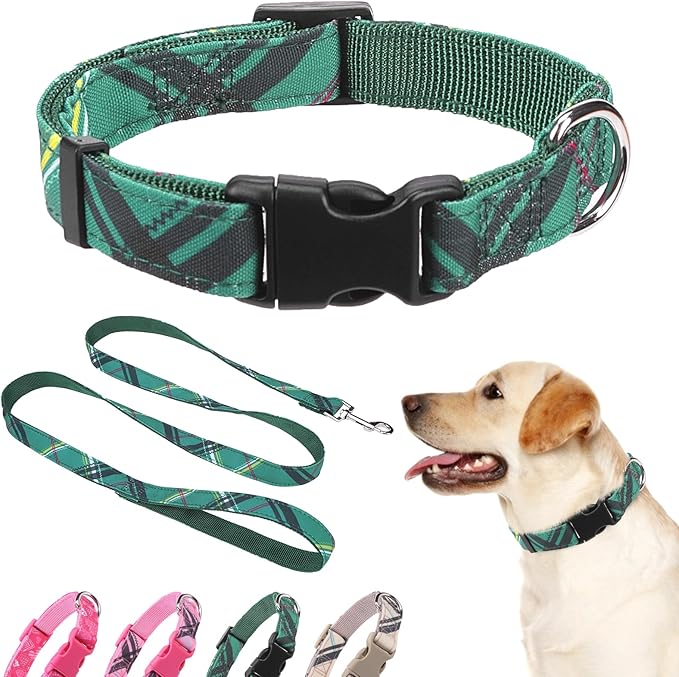 Dog Collar and Leash Set for Medium Dogs, Adjustable Soft Puppy Collar with Quick Release Buckle, 5FT Heavy Duty Nylon Matching Leash for Boy Girl Chihuahua, Yorki, Bulldog, Green M