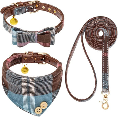 EXPAWLORER Dog Collar and Leash Set - Classic Plaid Dog Bow Tie and Dog Bandana Collar with Bell, Dog Leash Tangle Free, Adjustable Collars for Small Medium Large Dogs Cats, Holiday Ideal Gift