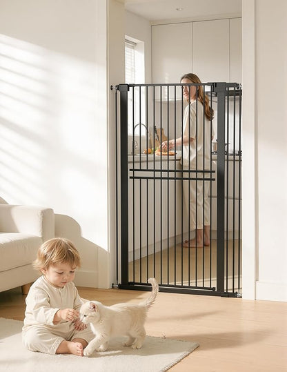 No Pawblems 55" Extra Tall Pet Gate for Cat/Dog, 31.5-48" Wide Auto Close Tall Cat Gate with 25.6" Wide Walk-Thru Door Opening, 1.37" Ultra Narrow Spacing, NO Drilling Pressure Mounted, Black