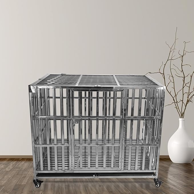 Confote 37/47 Inch Heavy Duty Dog Crate Metal Cage Kennel, High Anxiety Pet Cage with Lockable Wheels & Double Doors for Small Medium Large Dogs (SS-42)