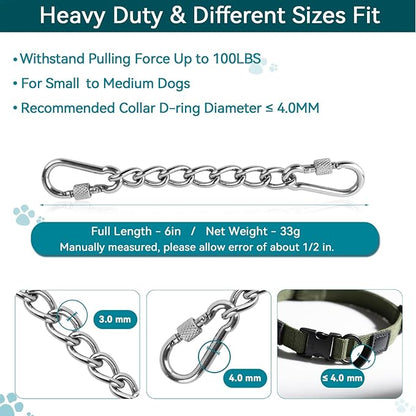 Dog Collar Safety Clip, Chew Proof Prong Collar Double Ended Backup Clasp Stainless Steel, Heavy Duty Dog Chain Leash Connector for Harness, Pinch, Gentle Lead with Carabiner, 6in