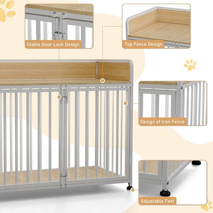 42 in Dog Crate Furniture, Medium Dog Kennel Indoor with 2 Bowls, Wooden Dog Cage Table Decorative for Small Medium Dog, 42" L X 24" W X 36" H