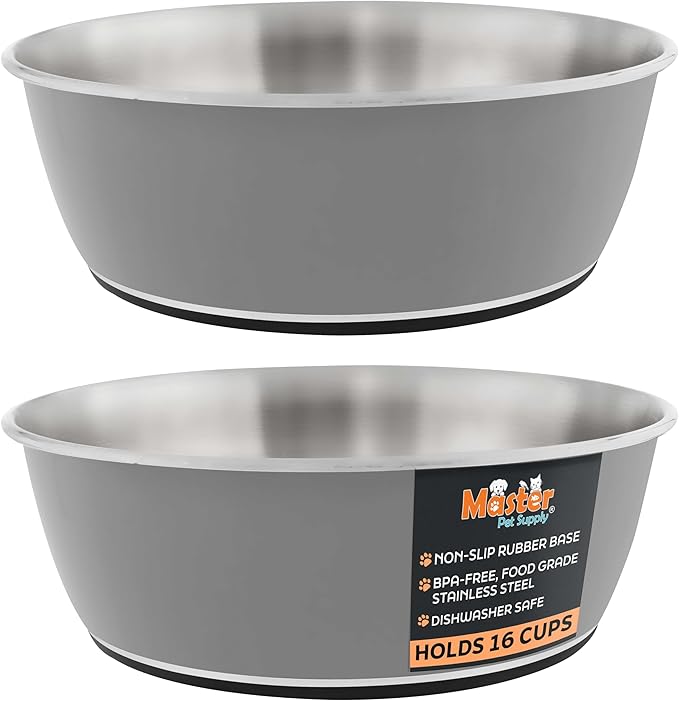 Master Pet Supply Stainless Steel Dog Bowls Set of 2 (128 Oz Each) with Non-Slip Rubber Base - Graphite - Basic Dog Food Bowl Water & Food Bowls for Small Medium Large Dogs & Cats, Metal Dish