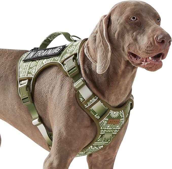 AUNZO Green Dog Harness for X-Large Dog Breeds, No Pull Adjustable Pet Harness with Handle, Reflective K9 Military Service Dog Vest for Walking Hiking Training, Green Ethnic, XL