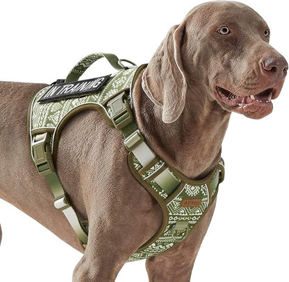 AUNZO Green Dog Harness for X-Large Dog Breeds, No Pull Adjustable Pet Harness with Handle, Reflective K9 Military Service Dog Vest for Walking Hiking Training, Green Ethnic, XL