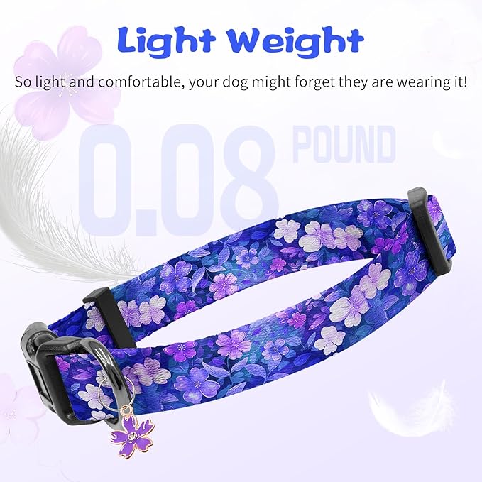 Kazazoo Dog Collar Cute and Soft Nylon Puppy Collar Girl, Adjustable Dog Collars for Small Medium Dogs, Purple Flowers-XS