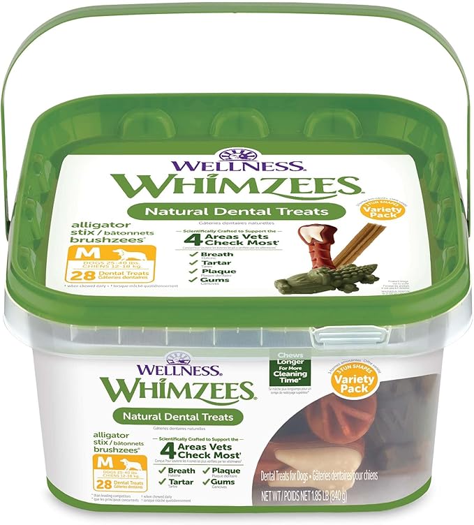 Whimzees Wellness Variety Pack Dog Dental Treat, Chews, Freshens Breath, Medium Size, 29.6 oz Box, 28 Count