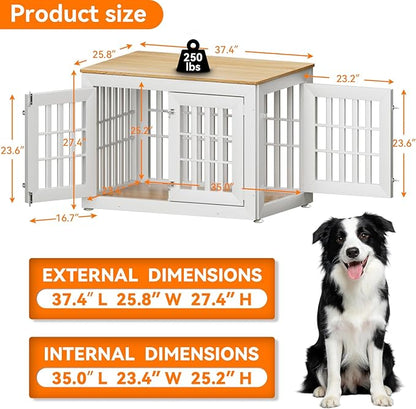 Snuowu 38" Heavy Duty Dog Crate Furniture for Small,Medium and Large Dogs,Rustic Wooden Dog Cage Kennel Indoor Furniture with Waterproof Top,Decorative Pet House Side End Table (White & Wood)