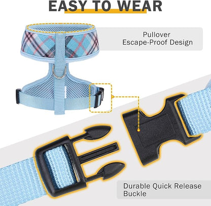 SCENEREAL Puppy Dog Harness with Leash Set for Small Medium Sized Dogs, Soft Mesh Pet Harnesses and Leash, No Chock Plaid Adjustable No Pull Vest for Dogs Cats, Chihuahua,Bulldog (Blue S)