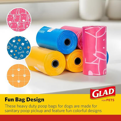 Glad for Pets Scented Waste Bags, Tear Resistant Pet Poop Pick-up Bags with Leak Protection, Lemon Scent, Multicolor Designs, 6 rolls, 90 bags total