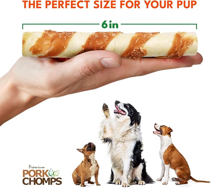 Pork Chomps Baked Pork Skin Dog Chews, 6 Inch Twists, 4 Count - Real Chicken Wrap - Long-Lasting Treats for Dogs - High Protein, Rawhide-Free, Low Fat, Healthy & Delicious Chews