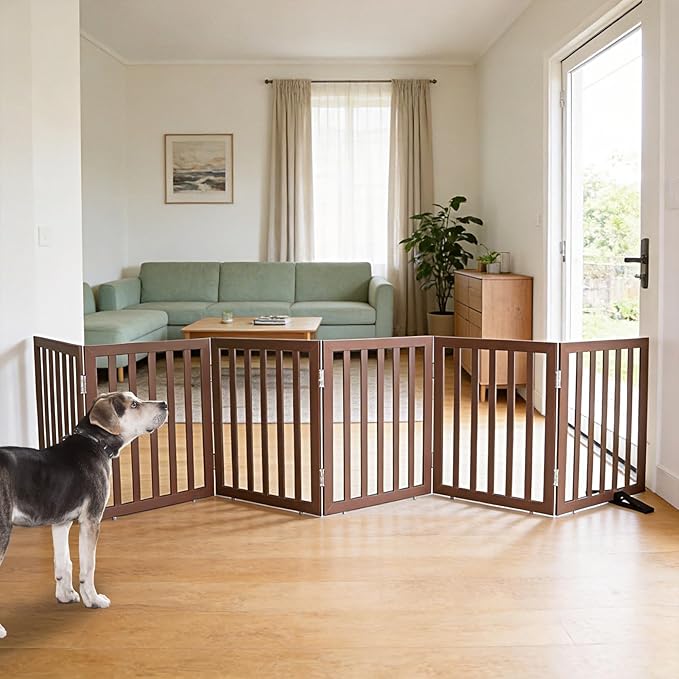 ZJSF Freestanding Indoor Dog Gate for House Foldable Wood Puppy Gate for Doorways Pet Gate for Stairs Extra Wide Pet Fence, Brown, 24" Height 6 Panels