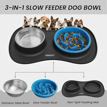 YINEYA Slow Feeder Dog Bowls Stainless Steel Food and Water Bowl Set 3 in 1 No Spill Waterproof Silicone Pet Food Mat Puppy Feeding Station for Large Medium Small Breed Non Slip Metal Dish Tray
