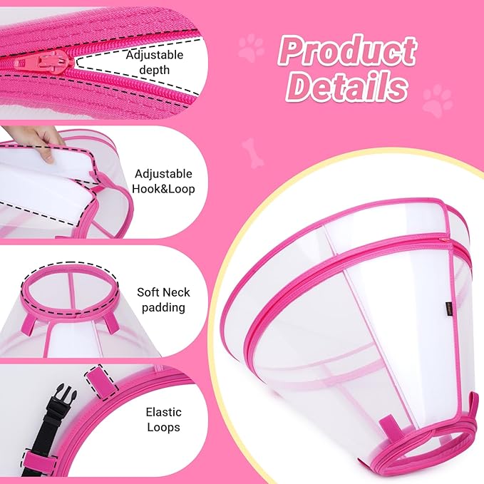 Dog Cone to Stop Licking, Clear Recovery Collar with Detachable Zipper, Sturdy Elizabethan Collar for Large Medium Small Dogs, Soft Adjustable Cone After Surgery Patented, Hot Pink S