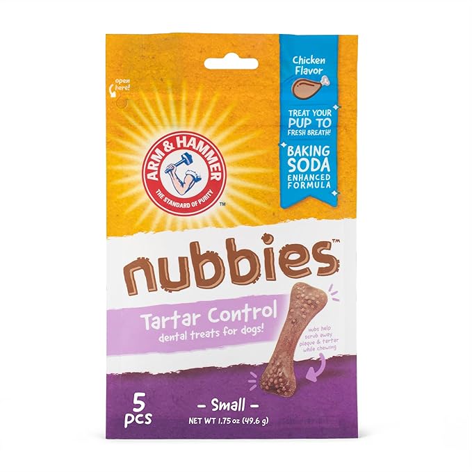 Arm & Hammer for Pets Nubbies Dental Treats - Baking Soda & Calcium Dog Dental Chews, Nubbed Texture Helps Scrub Plaque & Tartar While Chewing, Chicken Flavor, 5 Count, 1.75 Ounce