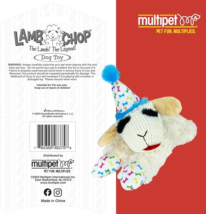 Multipet Lamb Chop Dog Plush Toy w/Birthday Hat - Squeaky Toy for All Dogs - Extra Soft Plush - Stuffed Animal for Cuddling & Playing (10.5", Blue Hat, 5 Squeakers)