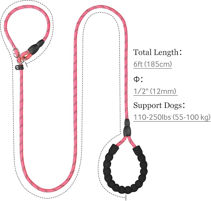 TagME 6ft Slip Dog Lead, No Pull Reflective Training Leash with Padded Handle, Professional Rope P-Leash for Small Medium Large Dogs, Heavy Duty Correction Lead for Walking & Training (Pink)