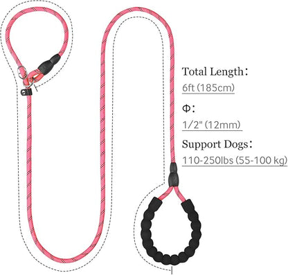 TagME 6ft Slip Dog Lead, No Pull Reflective Training Leash with Padded Handle, Professional Rope P-Leash for Small Medium Large Dogs, Heavy Duty Correction Lead for Walking & Training (Pink)