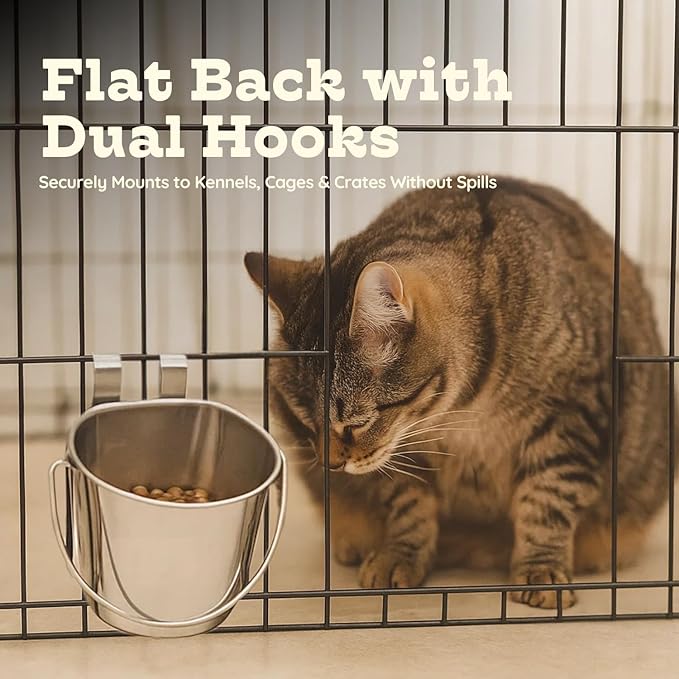6 quart Stainless Steel Flat Sided Bucket with Dual Hooks | 1.5 gal Durable Food & Water Bowl for XL Dog Goat Sheep & Livestock | Fits kennel Cage Critter Crate | Hanging Utility Pet Pail