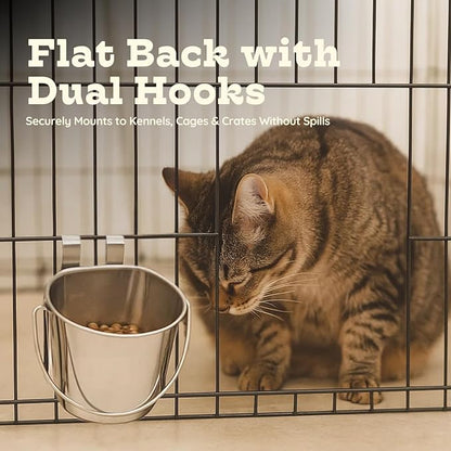 6 quart Stainless Steel Flat Sided Bucket with Dual Hooks | 1.5 gal Durable Food & Water Bowl for XL Dog Goat Sheep & Livestock | Fits kennel Cage Critter Crate | Hanging Utility Pet Pail