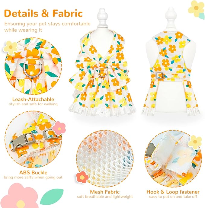 ABRRLO Dog Harness Dress Leash Set for Small Dog Summer Clothes Girl Female Puppy Cats Outfits Cute Floral Bowknot Princess Birthday Dress for Extra Small Pet Doggie Kitten Outfits Apparel(Yellow,S)