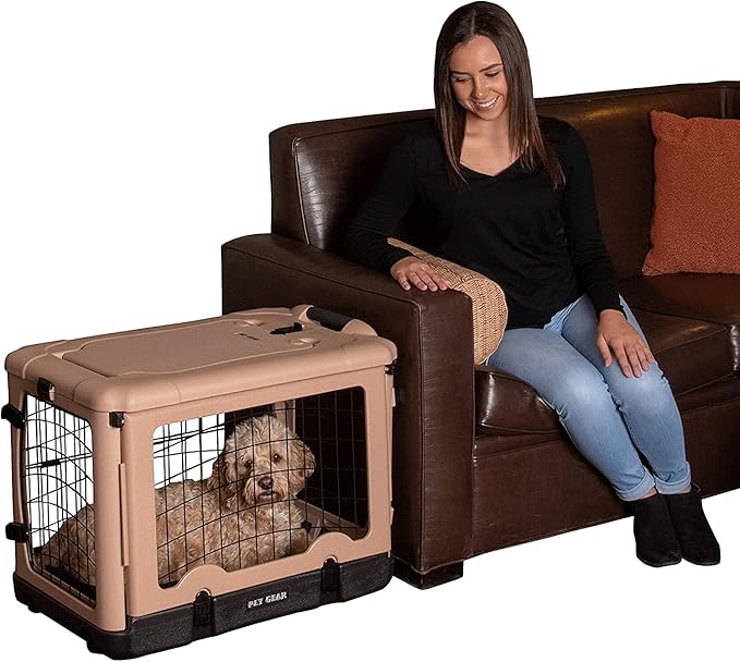 Pet Gear “The Other Door” 4 Door Steel Crate for Dogs/Cats with Garage-Style Door, Includes Plush Bed + Travel Bag, No Tools Required, New Tan, 27 Inch