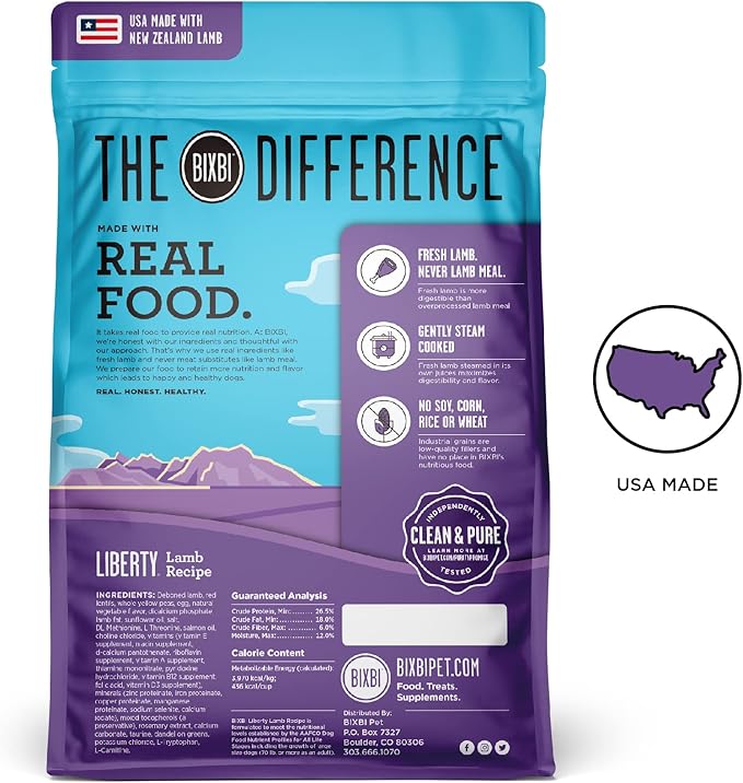 BIXBI Liberty Grain-Free Dry Dog Food, Lamb Recipe – Fresh Meat, High Protein, No Meat Meals – USA Made, 4 lbs