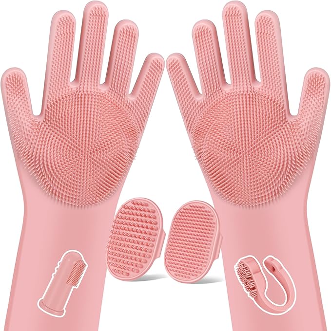 Augwind 6PCS Pet Grooming Kit for Dogs,Cats and Horses | Dog Washing Gloves | Dog Bath Brush | Dog Bath Gloves | Dog Shampoo Brush | Pet Grooming Gloves | Dog Bath Supplies (Light Pink)