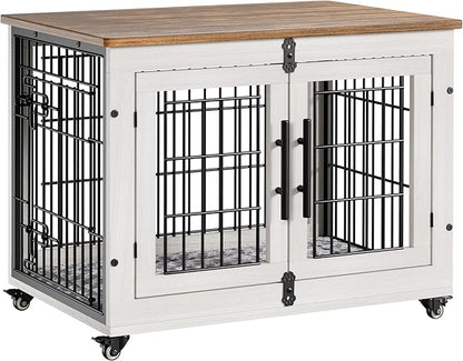Lulive Dog Crate Furniture for Medium Dogs, 32'' Dog Kennel Indoor with Cushion & Wheels Wooden Dog Cage Double Doors Dog Crate End Table, White