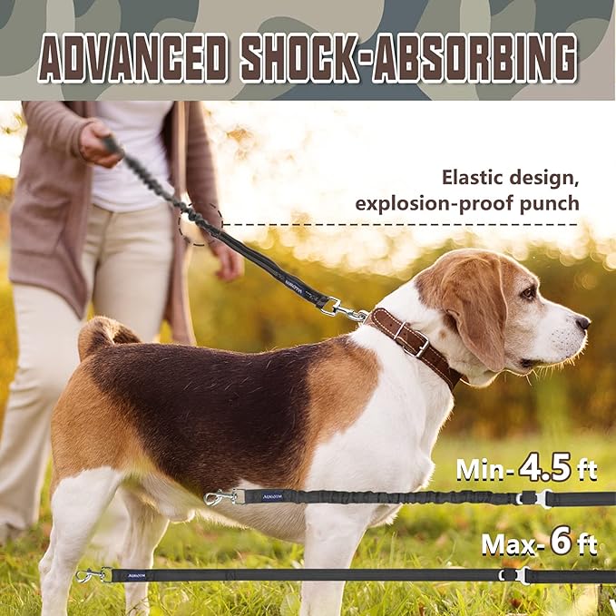 AUROTH Heavy Duty Bungee Dog Leash for Shock Absorption - 6FT Black Training Leash with 2 Padded Handles for Medium Large Breed Dogs