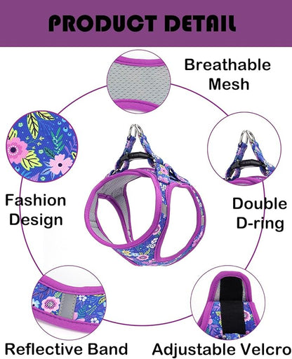 Moonpet Step in Dog Harness Leash Set- All Weather Reflective No-Pull Floral Pattern Padded Mesh Vest Harness for Cats Puppy Extra-Small Small Medium Large Dogs - Dark Flower - S