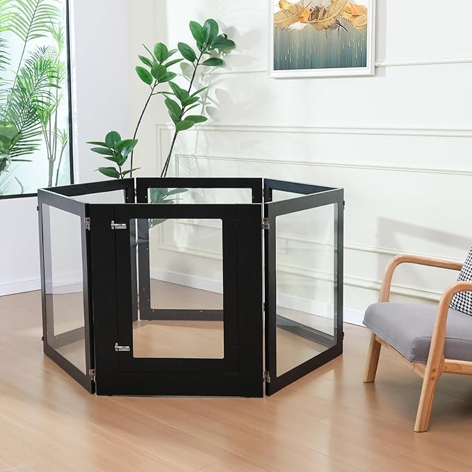 Heavy Duty Clear Acrylic Dog Playpen, 32" Height Transparent Pet Pen, Metal Frame Easy Assemble Kennel Enclosure, Ideal for Small to Medium Dogs, Cats, and Other Small Pets (Black, 6 Panels with door)
