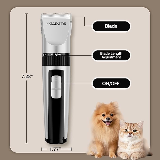 HEAPETS Dog Grooming Clippers, Low Noise, Electric Quiet, Adjustable Clipper Comb, Rechargeable Cordless Dog Hair Clippers for Dogs Cats Pets, White