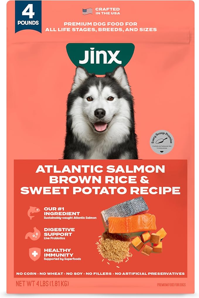 Jinx Premium Dry Dog Food, for All Life-Stages - Real Salmon, Brown Rice & Sweet Potato Kibble with Superfoods for Immune Support & Probiotics for Digestive Support - No Fillers – 4lb
