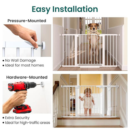 Cumbor 2-Pack Baby & Dog Gates Bundle, 29.7-48" & 30-54" Extra Wide Safety Gates for Stairs Doorways Hallways, Dual Lock Auto Close Easy Install Pet Gate, White