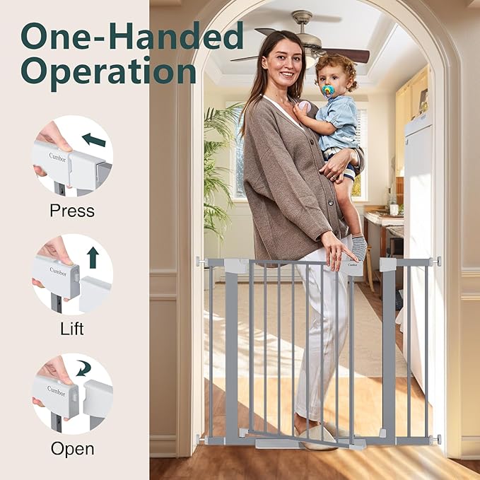 Cumbor 29.7-40.6" Baby Gate for Stairs, Mom's Choice Awards Winner-Dog Gates for Doorways, Pressure Mounted Auto-Close Pet Gates for Dogs Indoor, Safety Child Gate with Easy Walk Thru Door, Gray