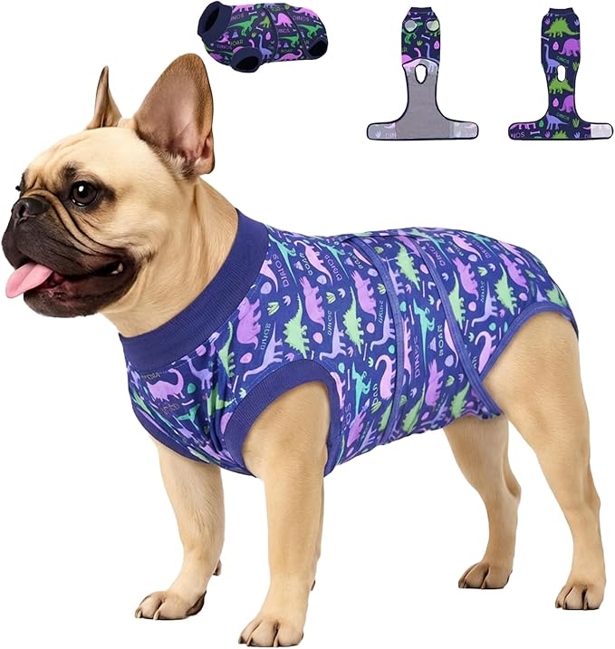 PetWarm Surgery Recovery Suit Female Spay, Onesies for Dogs, Dog Cone Alternative After Surgery Substitute E-Collar and Cone Prevent Dog Onesies Pet Recovery Suit, Dinosaur Pattern, Blue Purple, XS